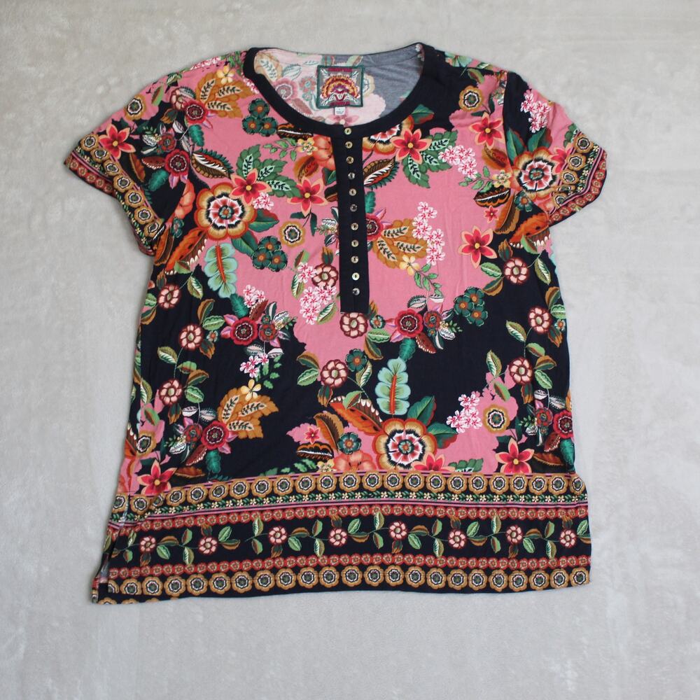 Johnny Was Janie Top Womens Size Large Floral Tunic Pink Black Boho Shirt